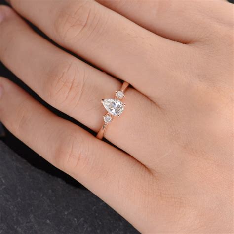 Three Stone Moissanite Engagement Ring Pear Shaped Rose Gold 3 - Etsy