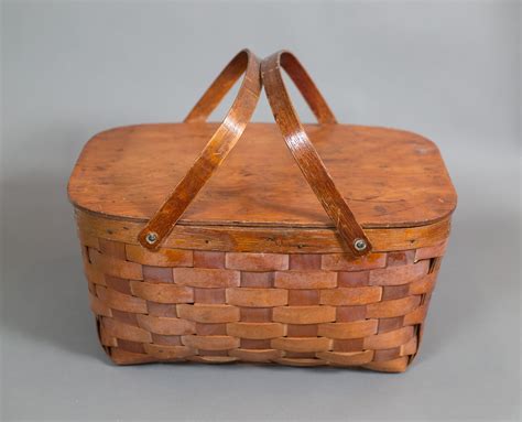 1950's Rattan Wicker Picnic Basket - Vintage Woven Wood Basket with Handles