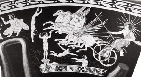 The sun-god Helios or his son Phaethon drives the four-horse chariot of the sun into the sky at ...