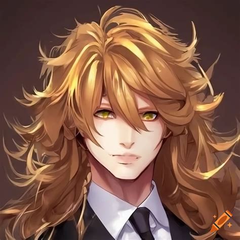Anime character with long ruffled golden hair and golden brown eyes wearing a suit on Craiyon