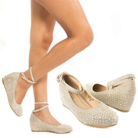 New Gold Ankle Strap Crystal Wedge Med Low Heel Pump Wedding Bridal ...