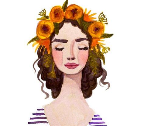 Print of Purple Flower crown girl watercolor painting. Stripes, flowers. Fashion illustration ...