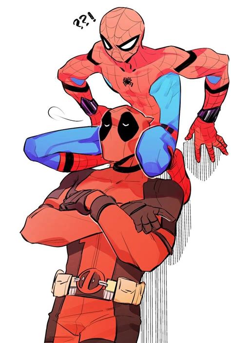 SpideyPool || Cr: 呱村鼠糖 | Deadpool x spiderman, Deadpool e homem-aranha, Marvel comics