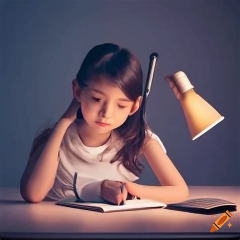 A girl writing book on the desk with reading lamps