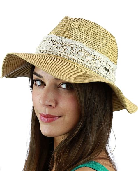 Women's Paper Woven Panama Sun Beach Hat with Lace Trim- Natural ...