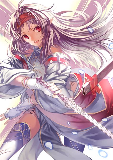 anime, Anime Girls, Artwork, Konno Yuuki, Sword Art Online, Red Eyes, Sword, Thigh highs, Head ...