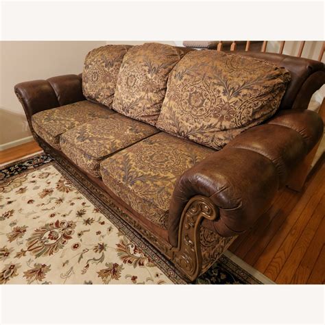 Ashley Brown Leather Floral Print Sofa - AptDeco