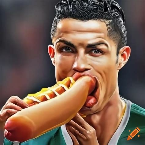 Cristiano ronaldo enjoying a hot dog in hyper-realistic style on Craiyon
