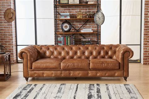 Century Chesterfield Sofa - Light Brown Leather | Evler