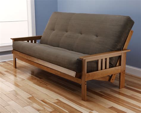 Серый диван с деревянными подлокотниками - фото