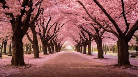 Premium AI Image | a row of cherry blossom trees in full bloom.