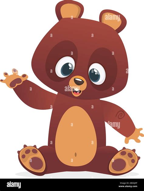 Cartoon funny bear character with big eyes sitting waving hand. Big ...