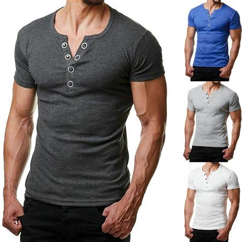 2020 Mens Slim Fit V Neck Short Sleeve Muscle Tee T Shirt Casual Tops Henley Shirts Solid