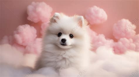 Pomeranian Puppy On White Clouds With Blue Pink Background, Cloud Backgrounds, Pomeranian ...