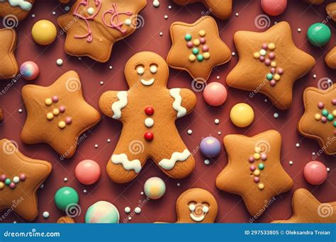 Top View Flat Lay of 3d Rendered Gingerbread Cookies on Dark Red ...