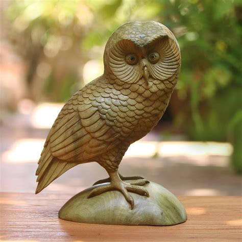 Wood sculpture, 'Intelligent Owl'