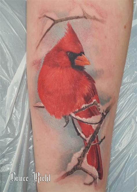 Realistic Cardinal tattoo on the inner forearm. Done by Bruce Riehl at ...