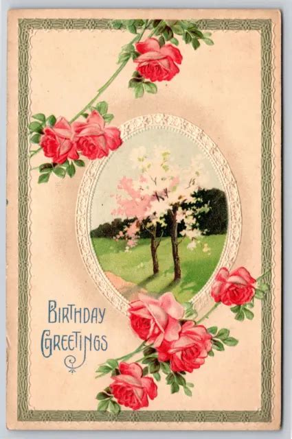 BIRTHDAY GREETINGS~FLOWERING TREES In Oval Frame W/ Roses~Emb~Vintage Postcard $3.70 - PicClick