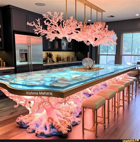 a large dining table with corals on it