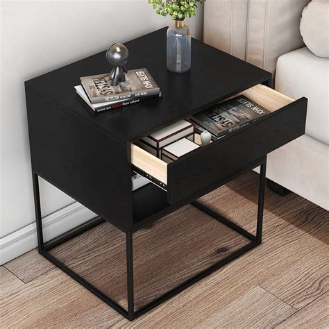 Black Modern Nightstand with Drawer and Black Metal Base - Bedroom Furniture - Homary US