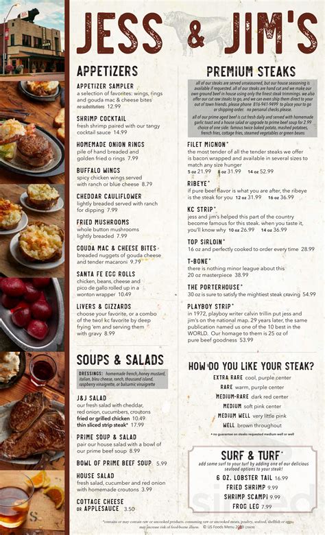 Jess and Jim's Steakhouse menu in Kansas City, Missouri