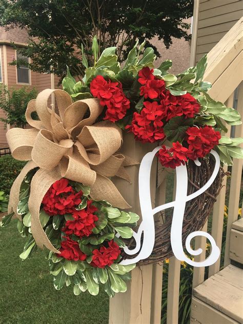 Summer Wreathred Geraniumred Flowerswreath With Monogram | Etsy | Summer front door wreath ...