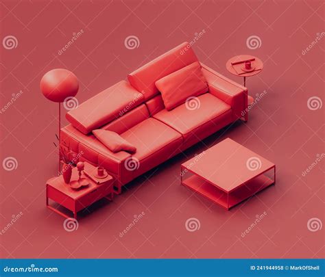 Isometric Monochrome Single Red Color Interior Living Room with Sofa ...