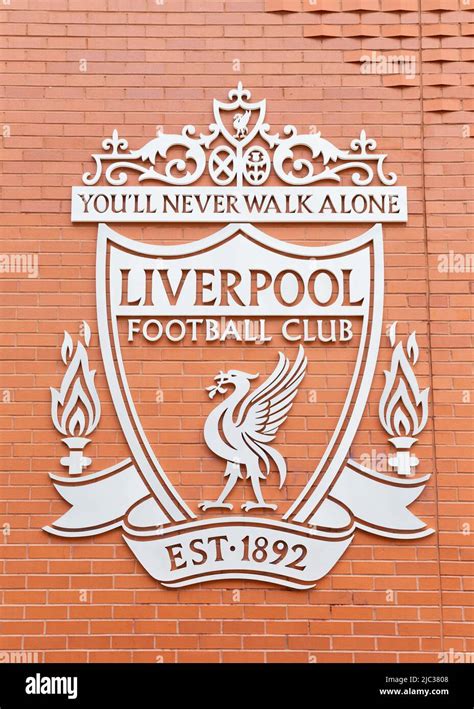 Liverpool football club crest on wall of Anfield Stadium, Liverpool, England, UK Stock Photo - Alamy