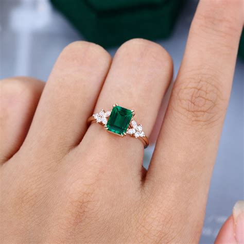 14K Rose Gold Emerald Cut Emerald Engagement Ring For Women ...