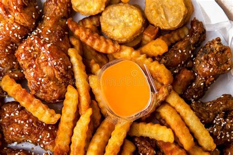 Fried Chicken, French Fries, Chicken Meat, Chicken Leg, Deep Fried Stock Image - Image of meal ...