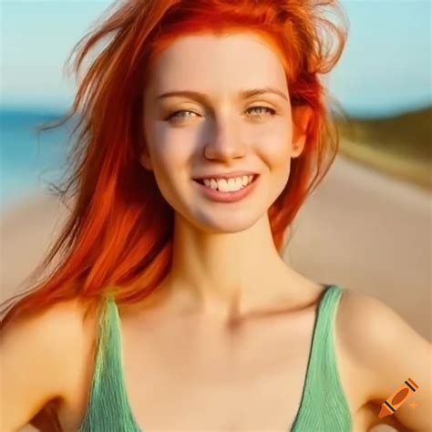 Smiling young woman in light yellow tanktop, beach background, red hair, symmetrical face ...
