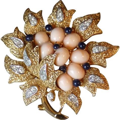 Vintage Trifari Faux Pink Coral Cabochon & Rhinestone Flower Pin | Vintage costume jewelry ...