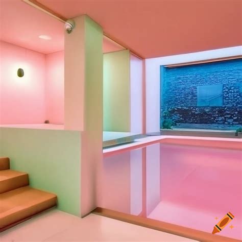 Polaroid photography of a colorful mid-century modern spa
