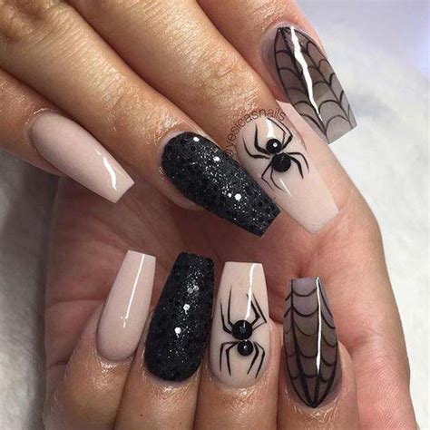 Black Halloween Press On Nails Long With Spider Web Designs, Full Cover ...