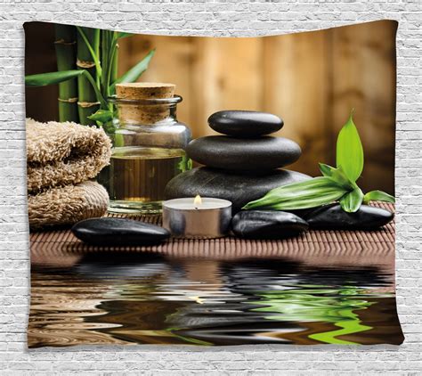 Spa Decor Tapestry, Asian Zen Massage Stone Triplets with Herbal Oil and Scent Candles , Wall ...