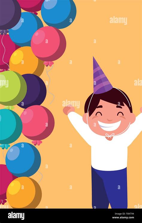 cute happy boy with birthday balloons helium vector illustration design ...