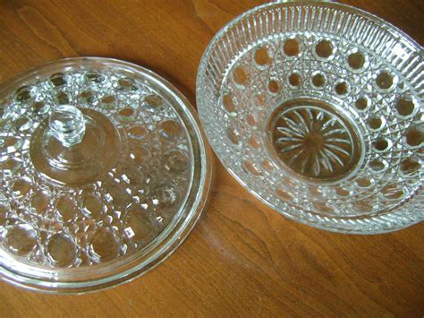 Vintage Glass Dish with Lid Candy Dish Etched Star Cut Glass