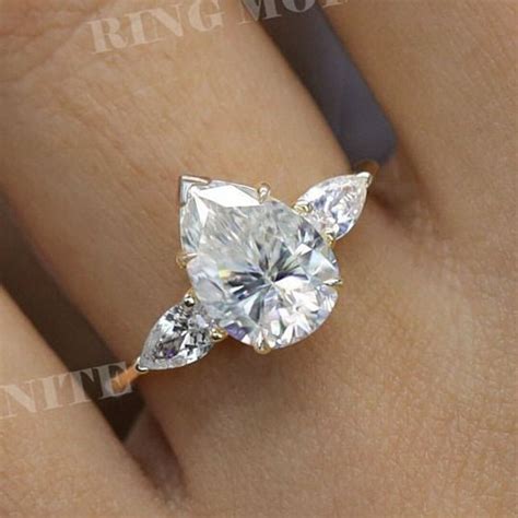 2 CT Pear Shaped Engagement Ring,three Stone Moissanite Cluster Ring,unique,3 Stone Pear ...