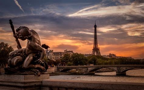 Download wallpapers Seine River, Paris, Eiffel Tower, Evening, sunset ...