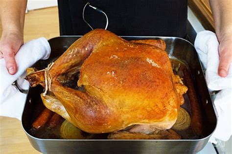 a person holding a roasting pan with a turkey in it