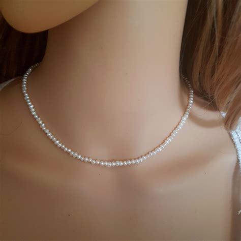 Tiny Freshwater seed Pearl necklace choker Sterling Silver or Gold Fill small 3mm white real ...