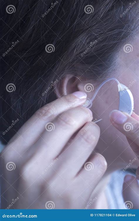 Deaf woman hearing aid ear stock photo. Image of closeup - 117821104