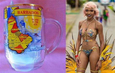 Mug-souvenir de Barbados hecho en Francia e ilustrado con el escudo, la bandera y el mapa de la ...