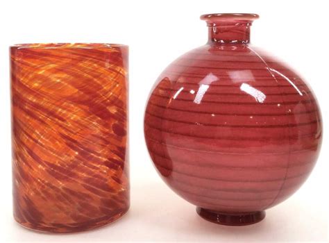 Lot - (2) Large Art Glass Centerpiece Vases