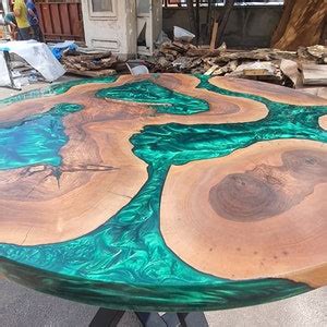Round Dining Table, Live Edge Table, Custom 40 Diameter Round Walnut Wood Metallic Emerald Green ...