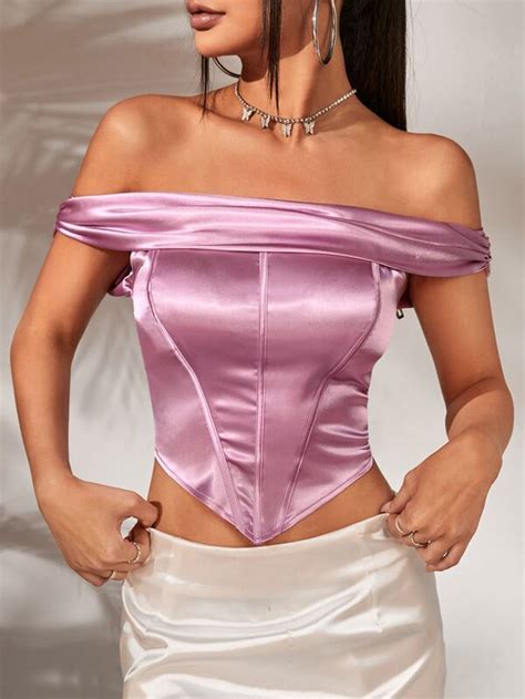 SHEIN ICON Off Shoulder Hanky Hem Satin Top | SHEIN USA