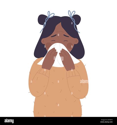 Little girl with runny nose. Sick child, cold and flu symptoms vector ...