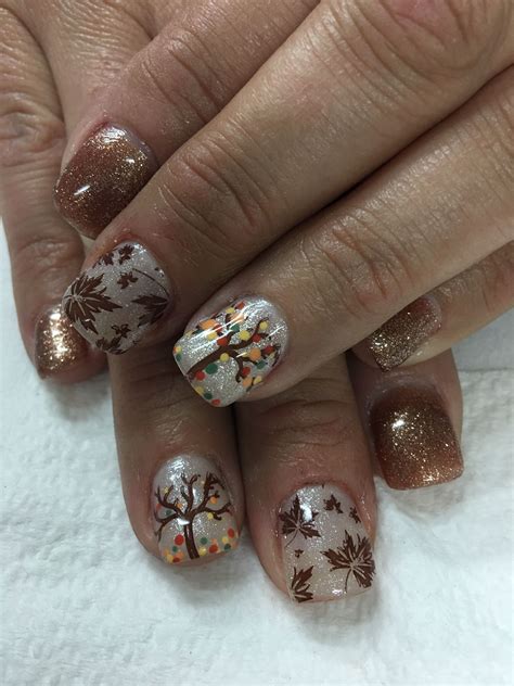 Fall Gel Nails Copper glitter Shimmer off white Stamped leaves and ...