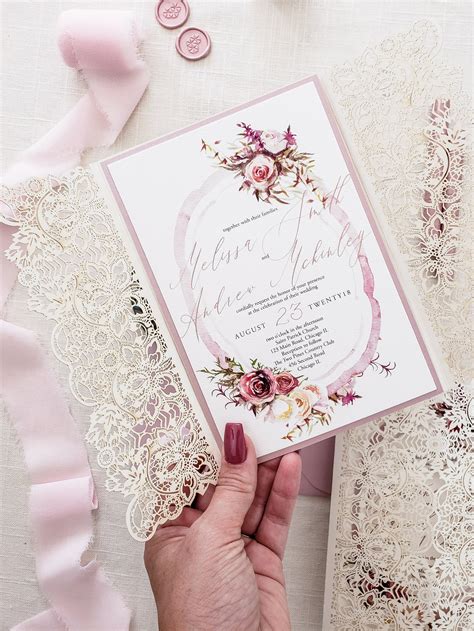 Lace Wedding Invitation Laser Cut Wedding Invite Blush and | Etsy