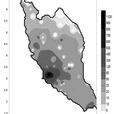 Map of population density in districts of Peninsular Malaysia ...